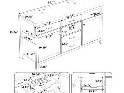 Double Sink Bathroom Vanity With Top, Soft Closing Doors & Drawers, Tip Out Drawer, 2 Cabinet Doors, Adjustable Shelf - White