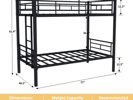 Metal Bunk Bed For Kids, Convertible Bedframe With Ladders & Guardrail