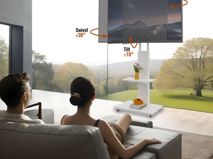 Mobile TV Stand With Shelf Floor Mount Cart For TVs With Lockable Wheels Ideal For Living Room Bedroom Or Office - White