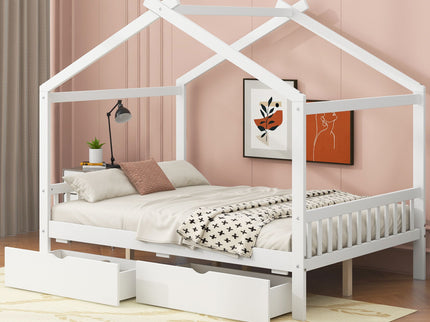 House Style Platform Bed With Headboard, Footboard, 2 Drawers, And Roof Design