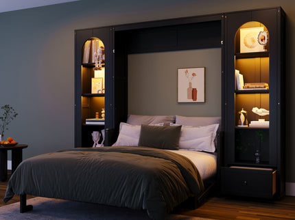 French Style Murphy Platform Bed With Shelf, Side Cabinets, Drawers And LED