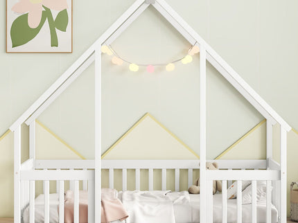 Wood House-Shaped Floor Bed With Fence, Guardrails
