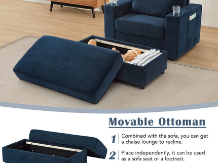 Modern Style Armchair Chaise Lounge Sofa Couch With Movable Storage Ottoman, USB Ports, Cup Holders, Phone Holder, Side Pockets