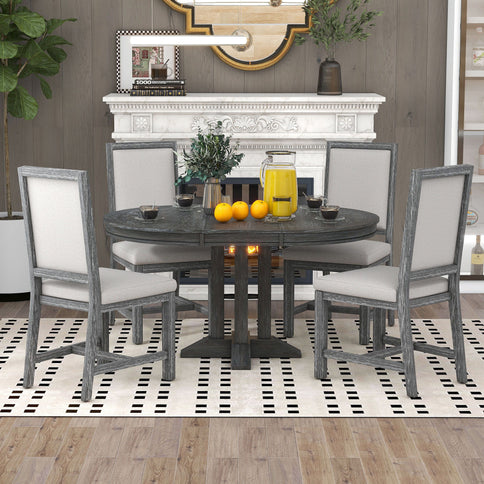 5 Piece Dining Set With Extendable Round Table And Upholstered Chairs