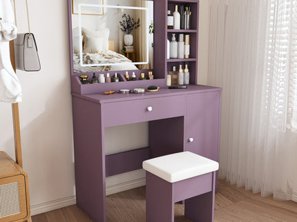 Vanity Desk Set With Padded Stool & Adjustable LED Mirror, 3 Color Mode Lighting, Compact For Bedroom - Purple