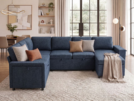 U - Shaped Convertible Sectional Sofa Bed With Storage, USB Charger & Cup Holders