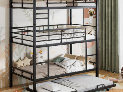 Triple Bunk Bed With Trundle, Heavy Duty Steel Construction