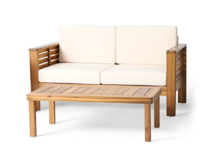 Acacia Wood Loveseat And Coffee Table Set With Cushions