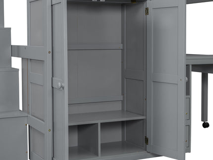 Loft Bed With Stairs, Bookshelf, Drawers, Desk & Wardrobe, Space Saving Multifunctional Furniture
