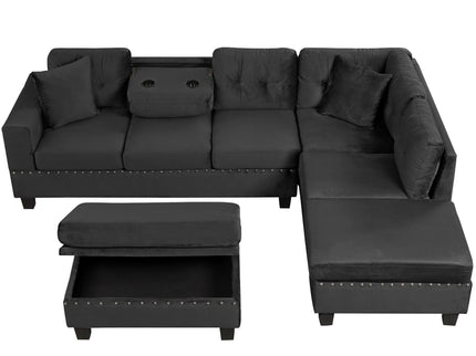 Modern Sectional Sofa With Storage Ottoman, L - Shape Couch With 2 Pillows And Cup Holders