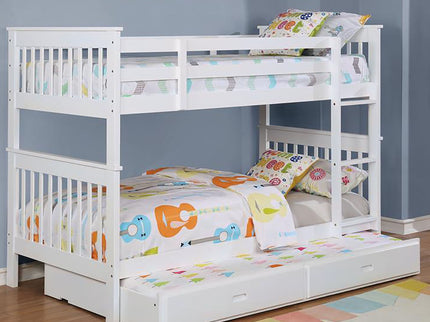 Slatted - Headboard Twin / Twin Bunk Bed With Built In Ladder Design - White