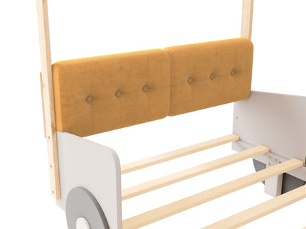 Twin Size Car Bed With Pillow, Ceiling Cloth And LED - Natural