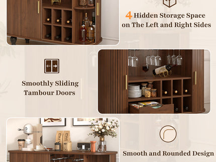 Fluted Liquor & Coffee Bar Cabinet With 6 Wine Racks And 3 Glass Holders