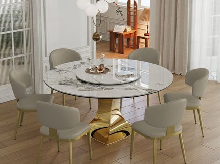 Luxury Round 59" Sintered Stone Dining Table With Stainless Steel Hourglass Base, Scratch & Heat Resistant Surface - Golden / White