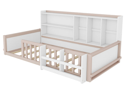 Platform Bed Frame With Guardrail, Storage Shelves & Bookshelf