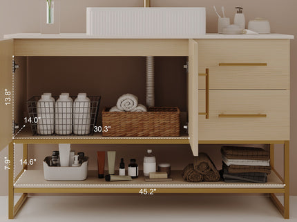 Bathroom Vanity With Vessel Sink Accent Free Standing Cabinet - Ameican White Oak / Gold / White