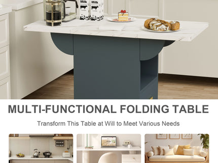 Versatile Wood Folding Dining Table With Wheels, Storage Rack & Drawer, Space Saving Design - White