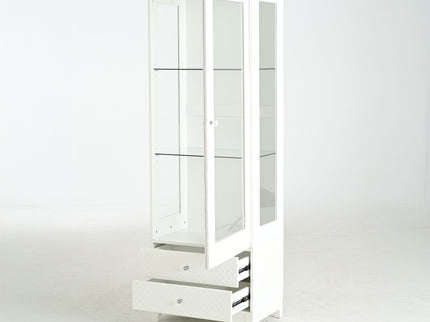 Modern Upholstered Glass Display Cabinet With Adjustable LED Light - White
