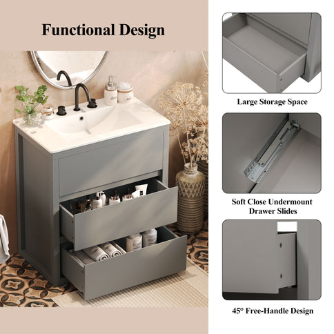 Freestanding Bathroom Vanity With Ceramic Sink, 2 Full Extension Drawers