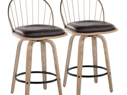Riley - Farmhouse Fixed Height Counter Stool Round Footrest With Removable Cushion (Set of 2) - White Washed / Antique Copper / Brown