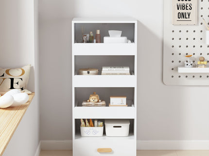 4 Tier Freestanding Bookshelf With 3 Sliding Drawers And 1 Bottom Drawer - White