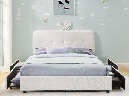Upholstered Bed With Oversized Rabbit Ear Headboard, LED Lights & 4 Storage Drawers