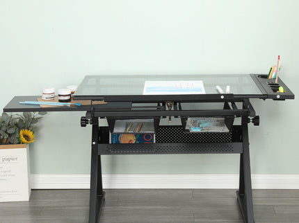 Adjustable Tempered Glass Drafting Printing Table With Chair
