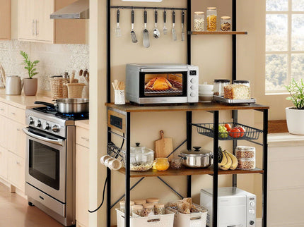 Bakers Rack With Power Outlet, Coffee Bar With S-Shaped Hooks, Kitchen Shelf With Wire Basket - Black / Brown