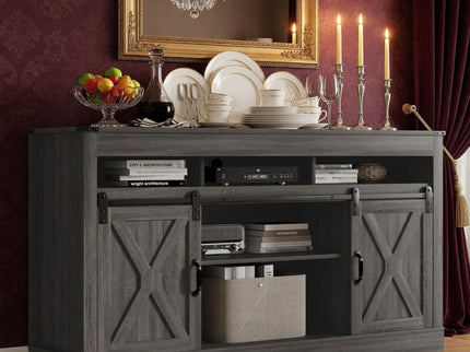 Farmhouse TV Stand With Sliding Barn Doors & Adjustable Storage