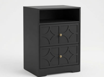 Nightstand With Diamond Carvings Handles, 2 Drawers & Charging Station