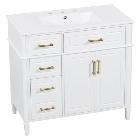 Bathroom Vanity With Sink, 4 Drawers (1 Flip Drawer), 2 Doors & Adjustable Shelf - White