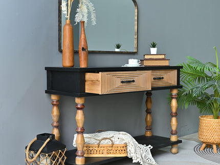 Accent Carved Console Table With Open Shelf And 2 Drawers Living Room - Black / Natural Wood Wash