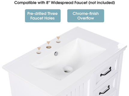 30" Bathroom Vanity With Sink, 3 Drawers, Adjustable Feet