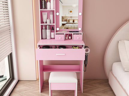 Vanity Table With Mirror, Adjustable LED Lights, Power Outlet, Hairdryer Holder & Stool