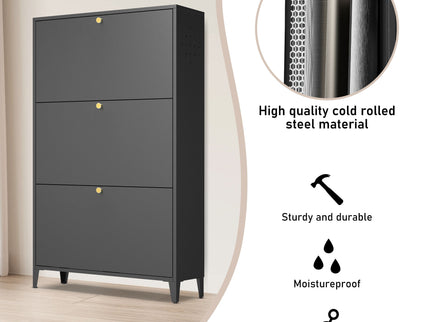 3 Drawer All Steel Shoe Cabinet, Freestanding Storage Organizer With Flip Door