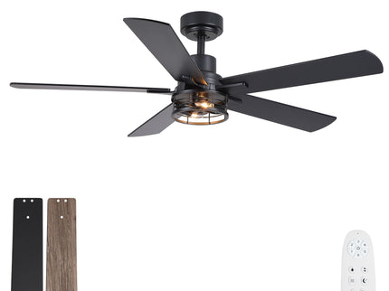 Ceiling Fan With Light, Dual‑Sided Matte Black & Wood Grain Blades - Black