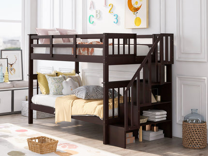 Stairway Bunk Bed With Storage And Guard Rail For Bedroom