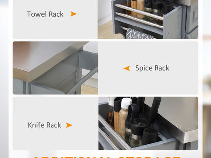Homcom - Rolling Kitchen Island With Storage, Portable Kitchen Cart With Stainless Steel Top, 2 Drawers, Spice, Knife And Towel Rack And Cabinets