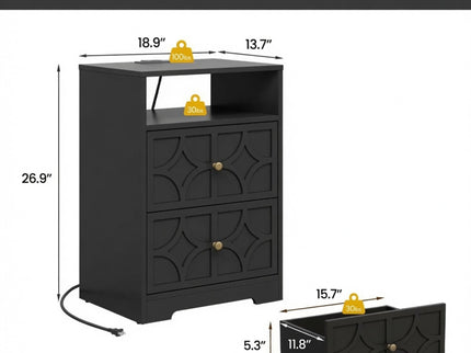 Nightstand With Diamond Carvings Handles, 2 Drawers & Charging Station