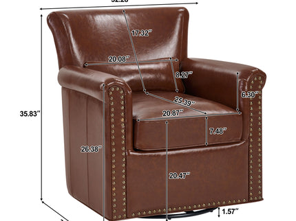 Swivel Accent Chair With Rolled Arm, Sewn Pillow Back, Nailhead Trim For Living Room