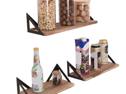 Floating Shelves, Long Wall Shelves (Set of 3), Wall Mounted Shelves With Brackets For Bedroom - Natural Wood