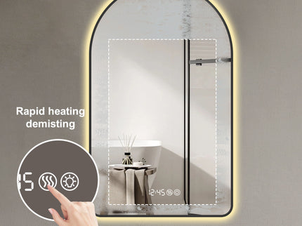 Arched LED Vanity Mirror With Time & Temperature Display, Anti-Fog, Dimmable Backlight In Frame, 3 Color Temperatures