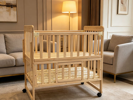 Portable Mini Baby Crib 5 In 1 Convertible With Foldable Storage - Natural Wood
