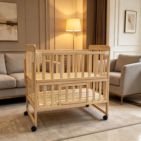 Portable Mini Baby Crib 5 In 1 Convertible With Foldable Storage - Natural Wood