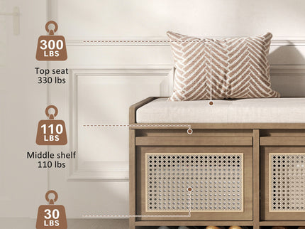 Entryway Shoe Bench With Drawers & Button Tufted Cushion