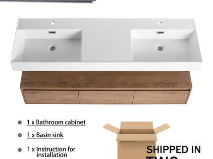 Contemporary Wall Mounted Bathroom Vanity With Dual Resin Sink And Soft Close Drawer