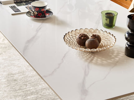Mid Century Modern Dining Table Round White Sintered Stone Top Heavy Duty Metal Legs Waterproof Surface For Kitchen Dining Room Or Office Furniture - White / Black