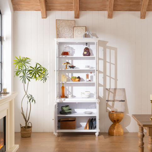 Vintage Display Cabinet With Double Glass Doors, Traditional Style Hutch For Home Or Workspace Washed - White Washed