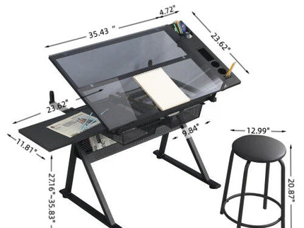 Adjustable Tempered Glass Drafting Printing Table With Chair