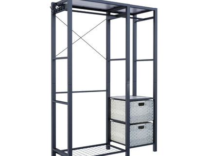 Garment Rack With Shelves, 2 Wicker Drawers, 4 Hooks, Organizer